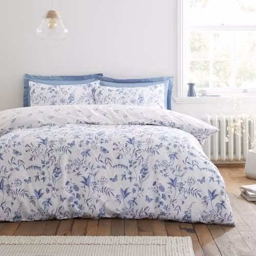 Bianca Thea Floral 200 Thread Count Cotton Percale Double Duvet Cover and Pillowcase Set, Blue, Duvet Cover: 200 x 200 cm, Pillowcase: 140 x 200 cm