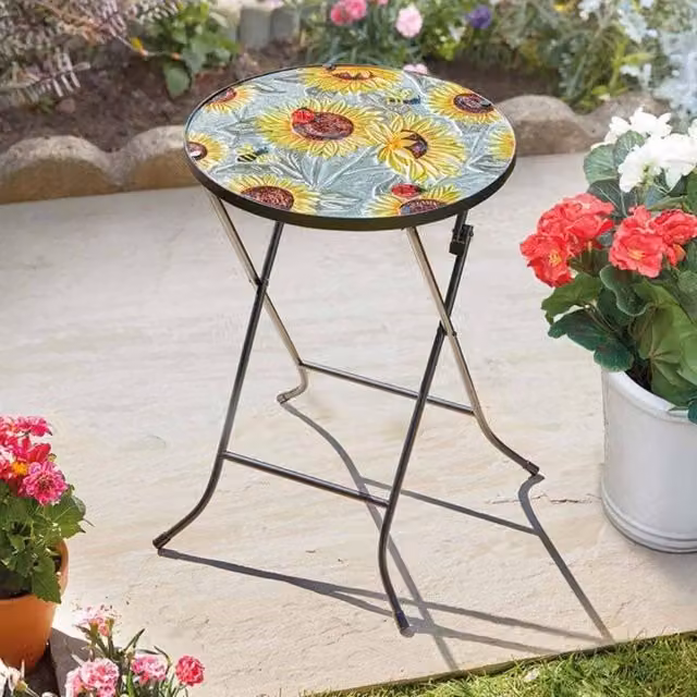Marco Paul Foldable Outdoor Table in Sunflower Yellow with Floral Glass and Metal Design, W/D/H: 50 x 35 x 35 cm