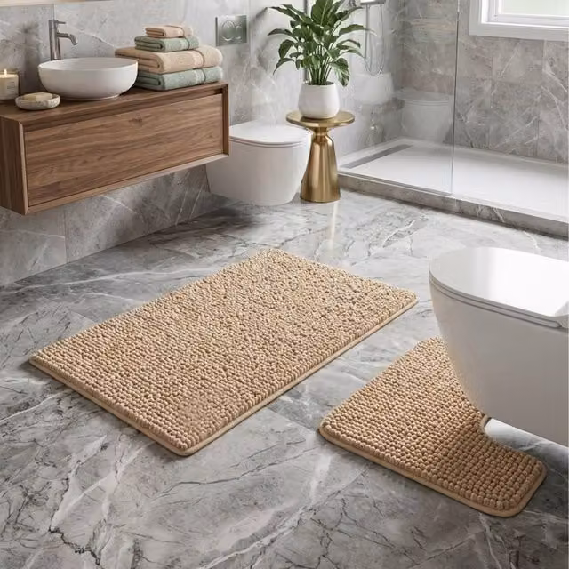 Snug City 2-Piece Chenille Loop Design Bath Mat and WC Pedestal Mat Set, Beige, W: 50 cm x L: 80 cm – 1
