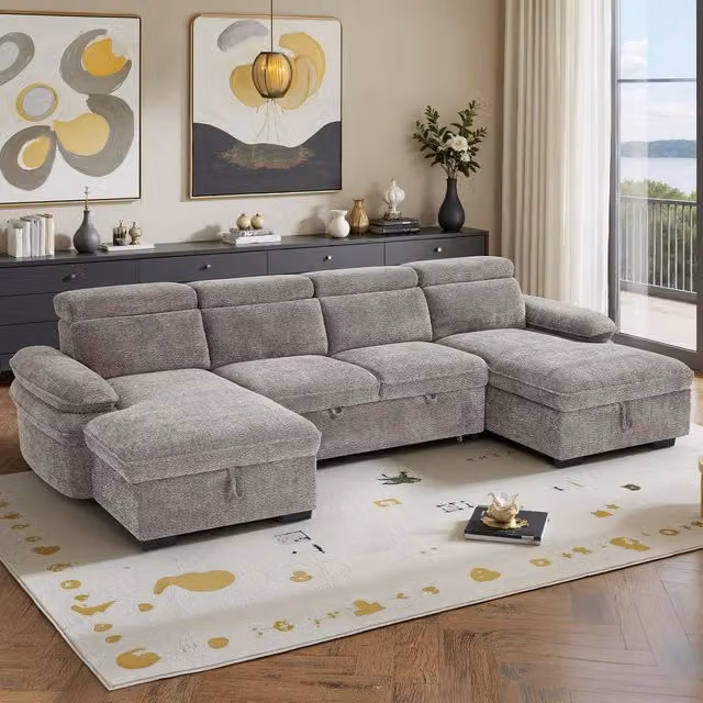 Furnishings For Less UK Blake U-Shaped 5 Seater Fabric Corner Sofa Bed in Grey