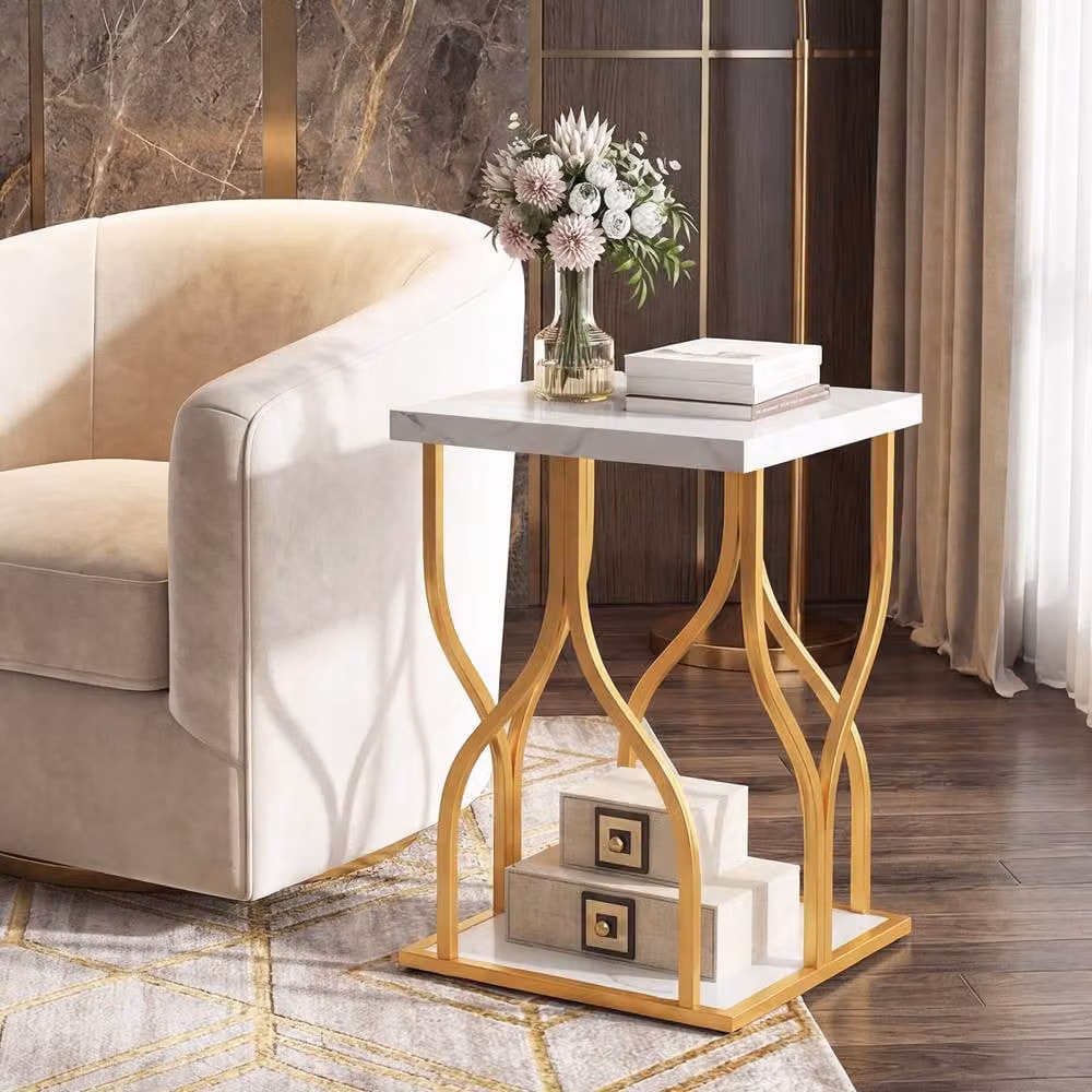 Costway Faux Marble Nightstand, 2-Tier White End Table with Storage Shelf and Metal X-Frame – 2