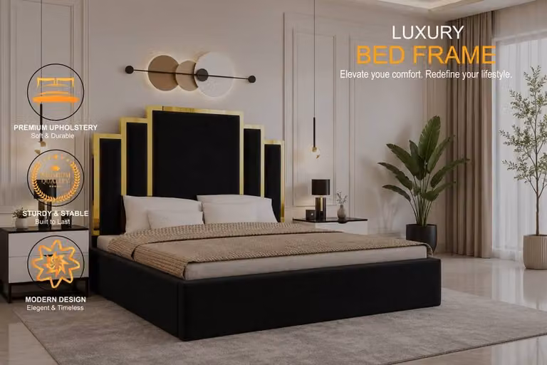 Soft Snooze Beds Super King Upholstered Ottoman Bed with Gold Trim and Tufted Headboard in Beige Velvet