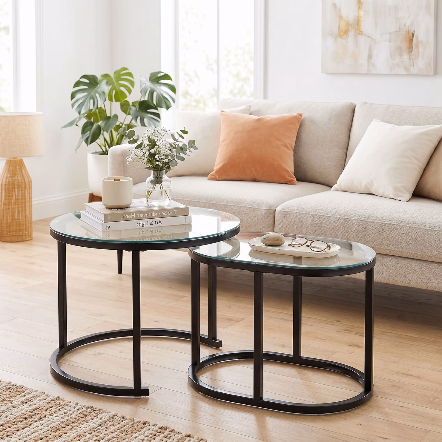 HOMCOM Modern Nest of 2 Round Coffee Tables with Steel Frame and Black Tempered Glass Tabletop – 2