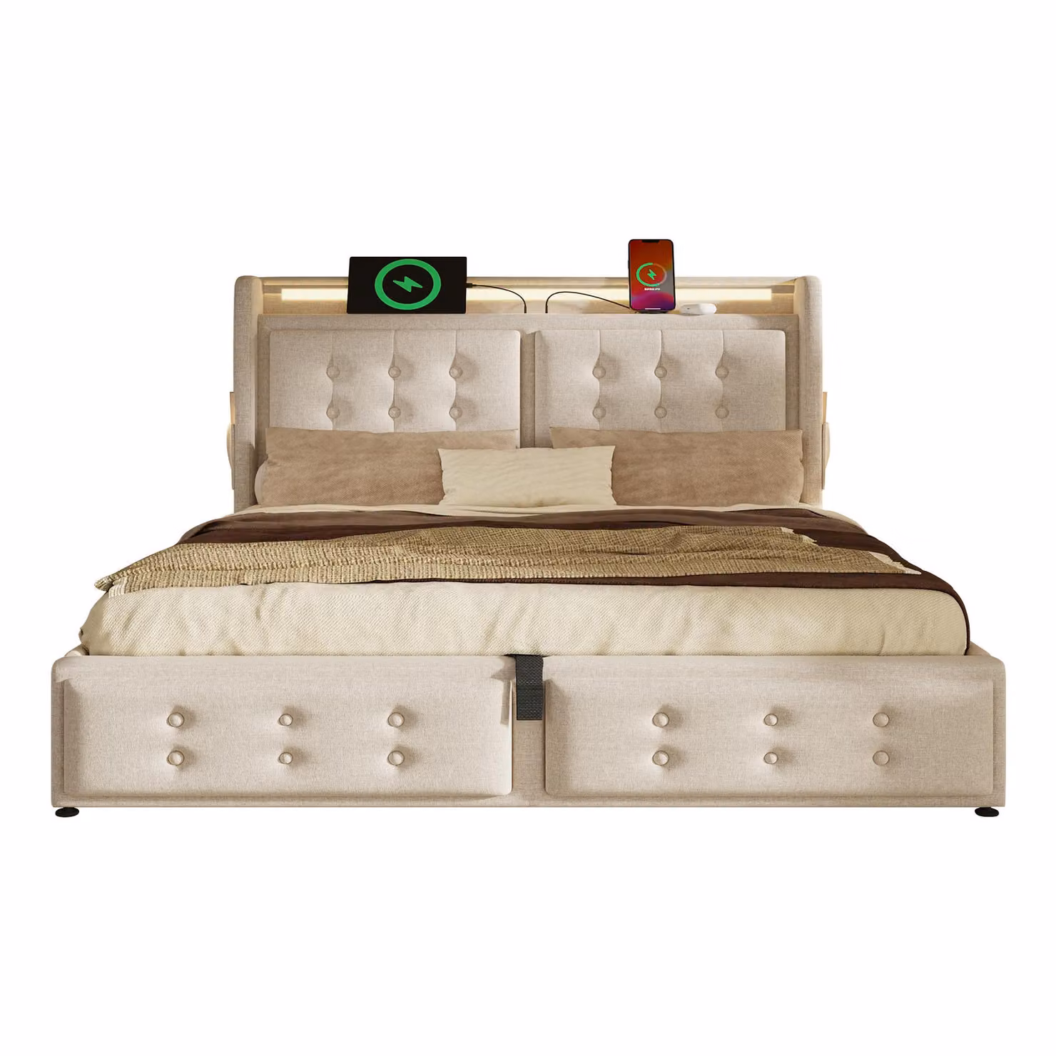 Aosom UK Beige Upholstered Double Bed Frame with Gas-Lift Storage, USB Charging Ports and Power Outlets, H 110 x W 142 x D 211 cm – 2