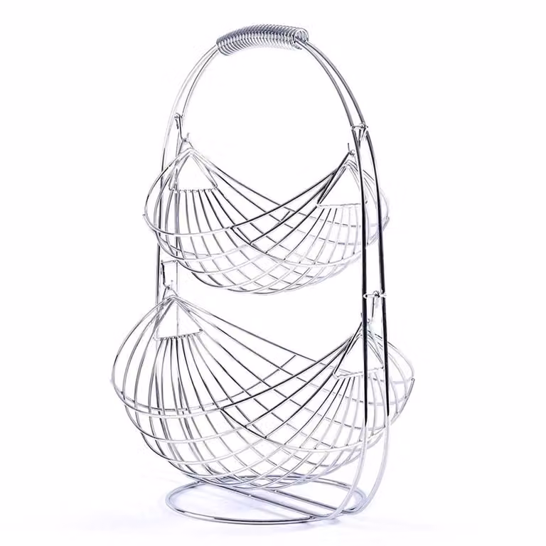 Nordara 2 Tier Swinging Fruit and Vegetable Basket Metal Storage Stand in Silver