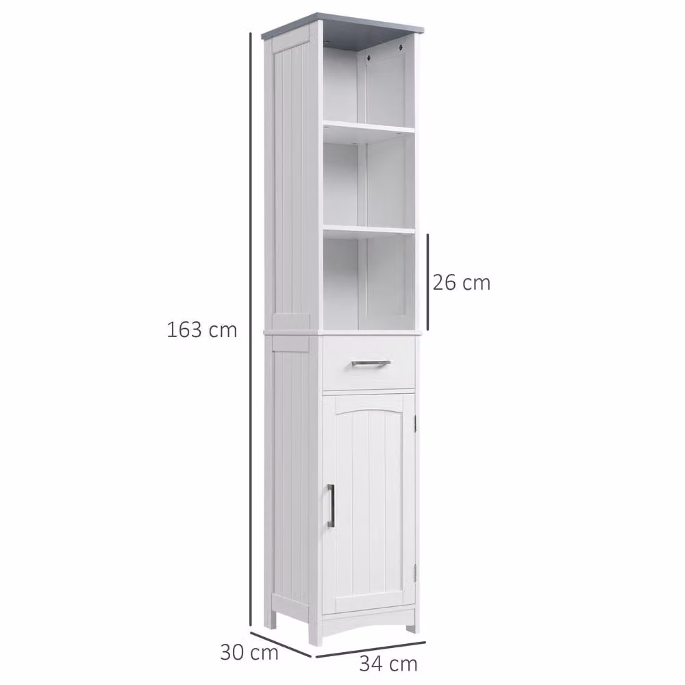 ERGOVEXA Tall White Bathroom Storage Cabinet with Hinged Doors, Internal Shelves and Drawers, W/D/H: 34 x 30 x 163 cm – 2