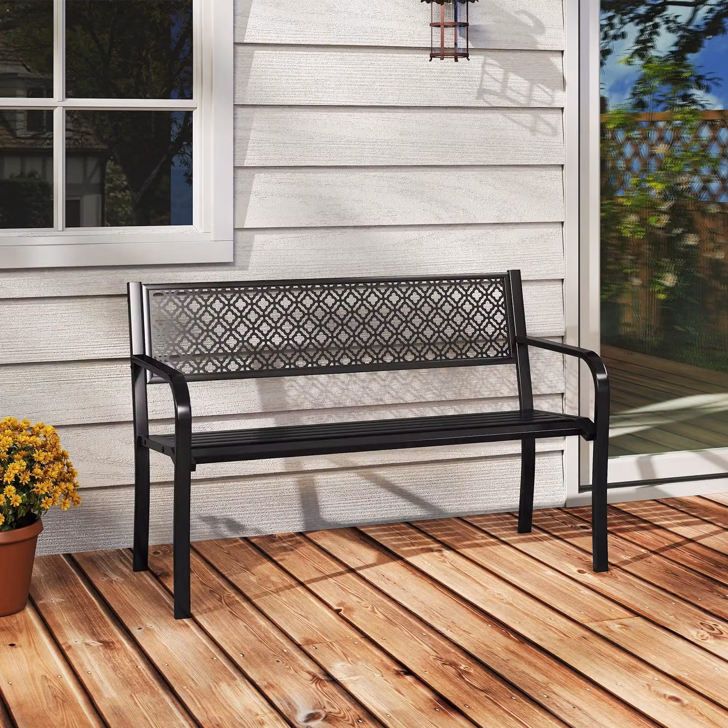 Costway 50 Inch Modern Geometric Metal Outdoor Garden Bench in Matt Black – 8