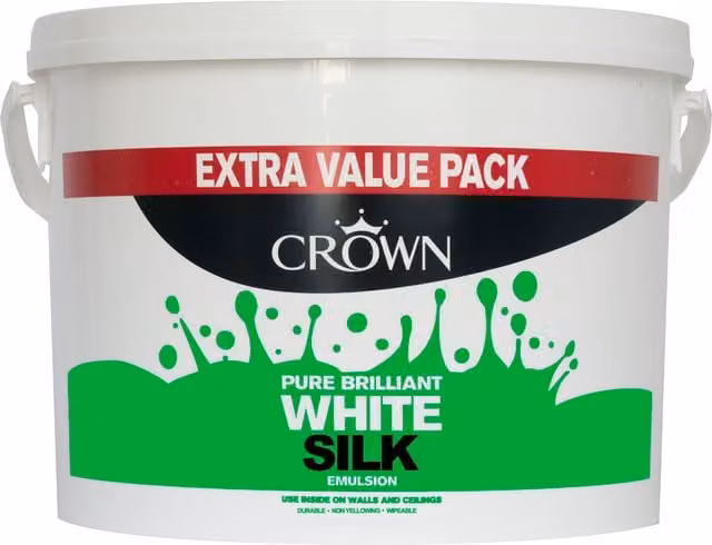Crown Paint Standard Silk Dispersion Satin Gloss Paint in White, 7.5 l