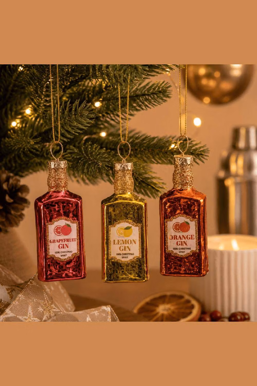 Sass & Belle Set of 3 Mini Citrus Gin Glass Christmas Tree Hanging Decorations in Multicolour and Gold – 1