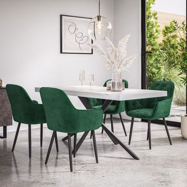 More4Homes Donni Dining Table and Anika Green Velvet Chair Set, White Marble Effect Table with Black Legs, W/D/H: 160 x 80 x 76 cm – 1