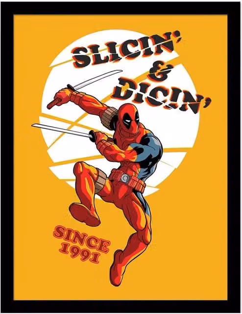 Deadpool Slicin & Dicin Framed Portrait Paper Poster in Bright Yellow