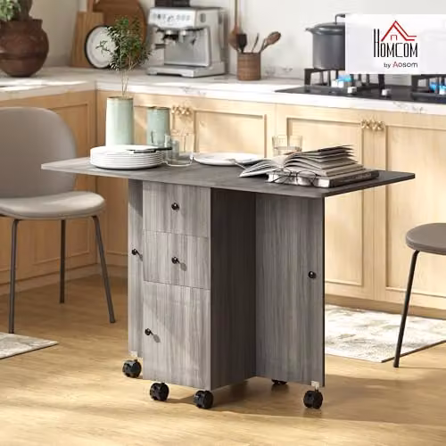 HOMCOM Grey Folding Dining Table with Drop Leaf and Castors, W/D/H: 120 x 60 x 76.5 cm – 2