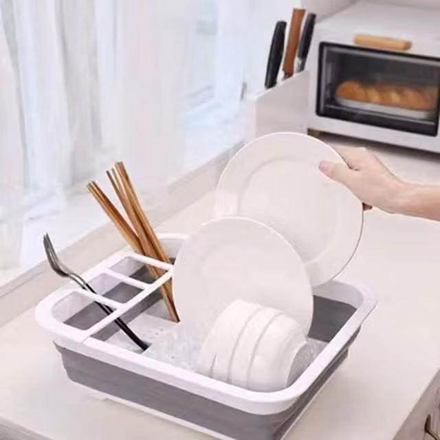 Livingandhome Collapsible Dish Drainer Set with Drip Tray and Cutlery Holder, Grey