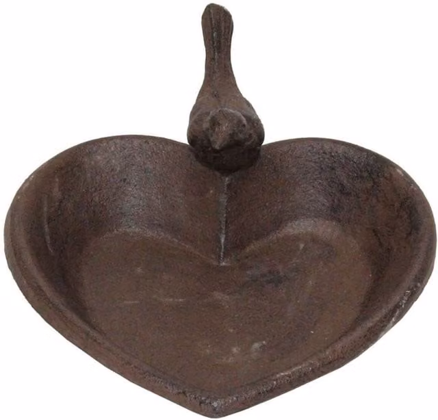 Homescapes Rustic Heart Cast Iron Decorative Bird Bath in Brown