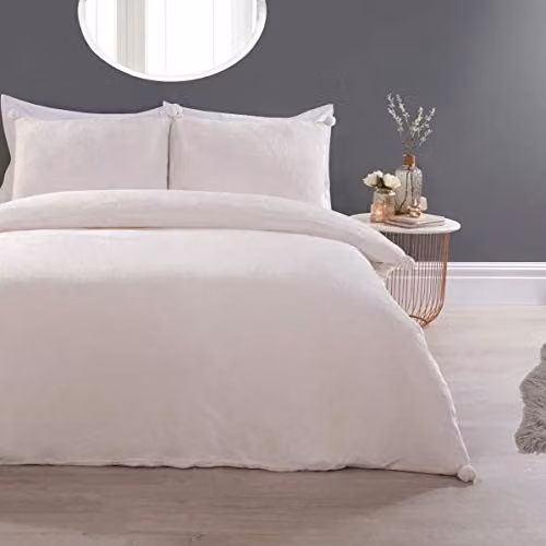 Sleepdown Pom Pom Beige Flannel Duvet Cover and Pillowcase Bedding Set, Single, W/D/H: 135 x 200 cm and 50 x 75 cm