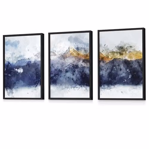 ARTZE Set of 3 Abstract Navy and Yellow Mountain Landscape Wall Art in Black Wood Frames, W: 45 cm, H: 62 cm, D: 2 cm – 2