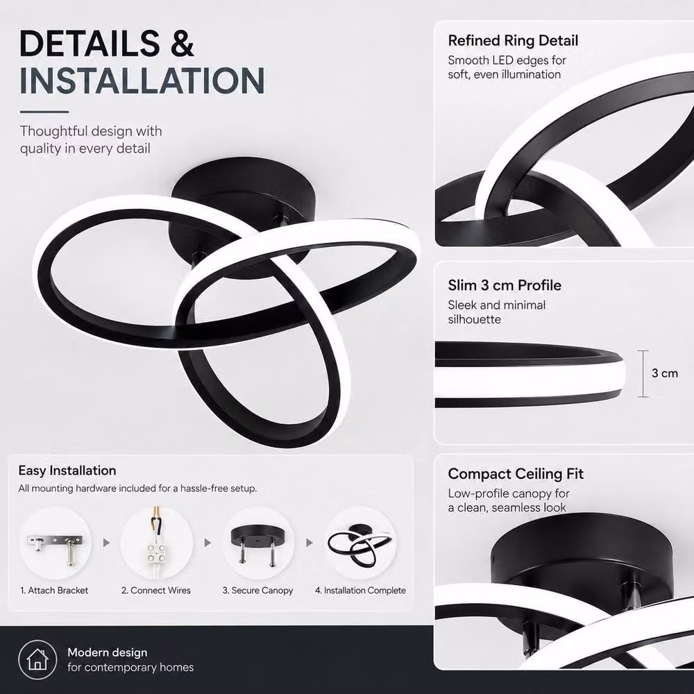 Goeco Modern Organic LED Ceiling Light in Black, 22W, 2500LM, 6500K, Diameter: 25 cm – 4