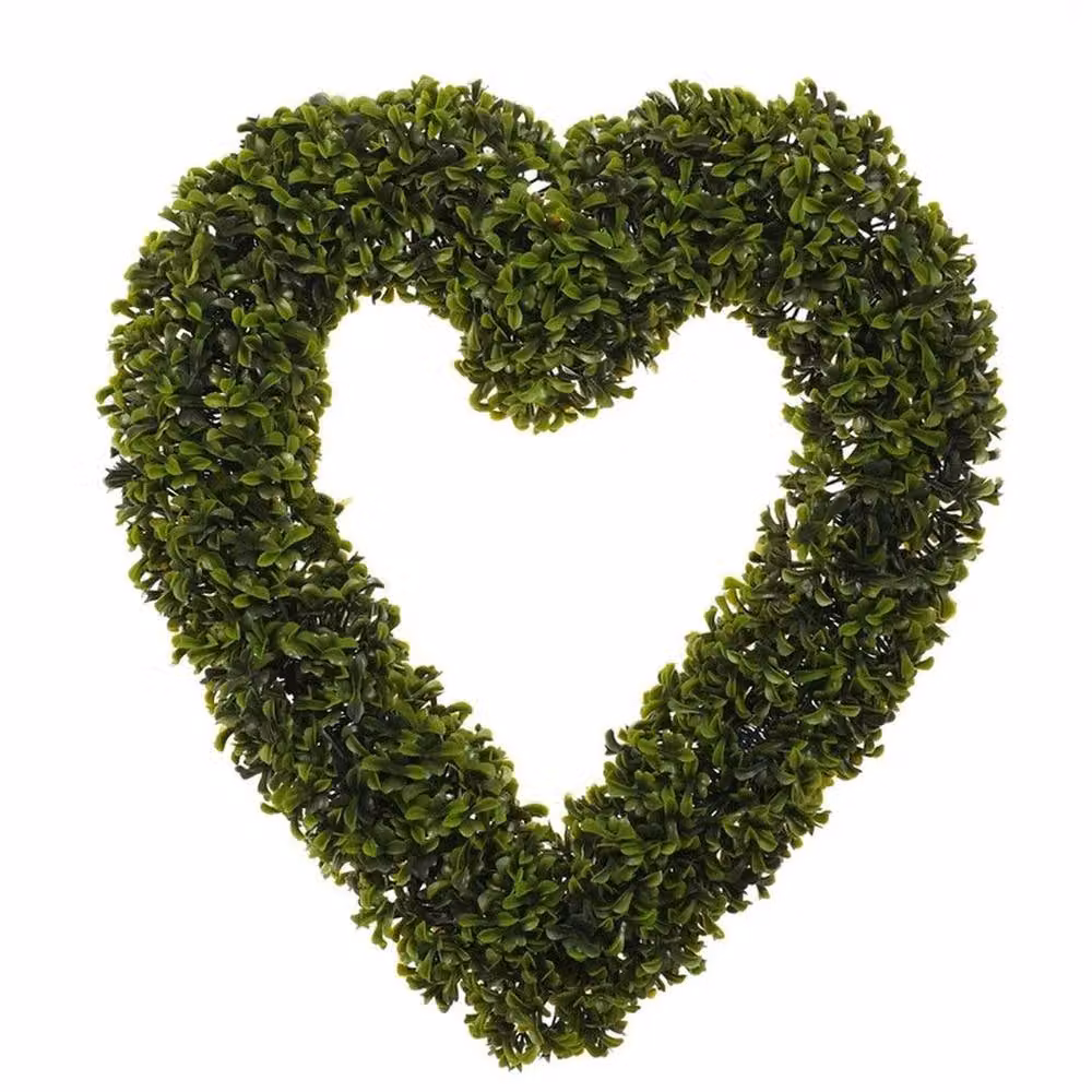 FLAVORA Green Artificial Boxwood Foliage Heart Topiary Hanging Wreath – 5
