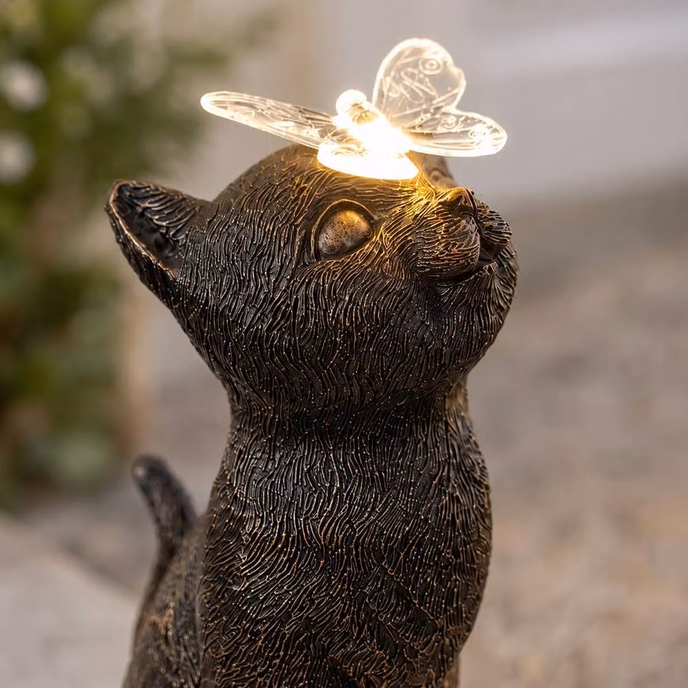 Marco Paul Solar Garden Cat Ornament with Butterfly in Bronze – 4