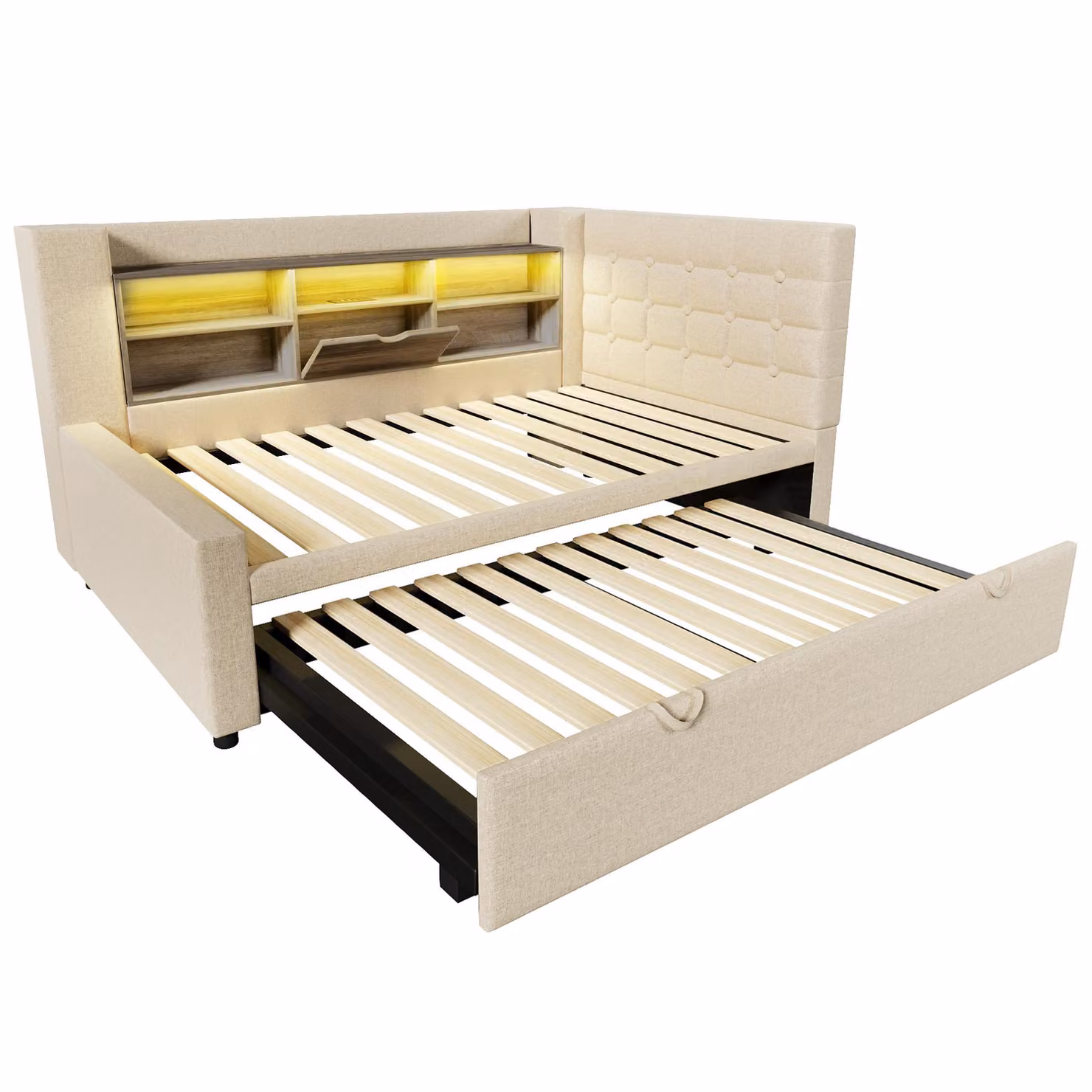 Aosom UK Beige Convertible Daybed Trundle with Integrated USB Charging and Storage, W/D/H: 204 x 107 x 88 cm – 2