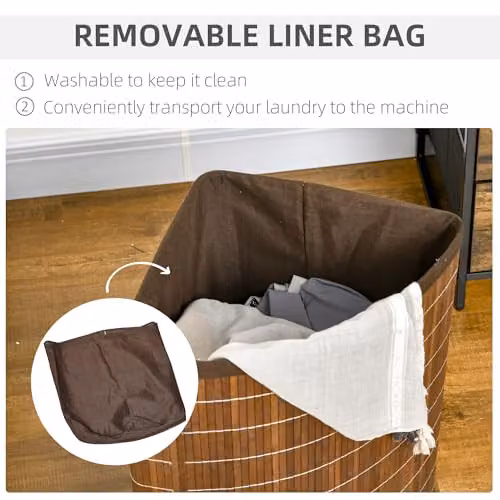 HOMCOM Bamboo Laundry Basket with Lid and Handles, Brown, 55 L – 3