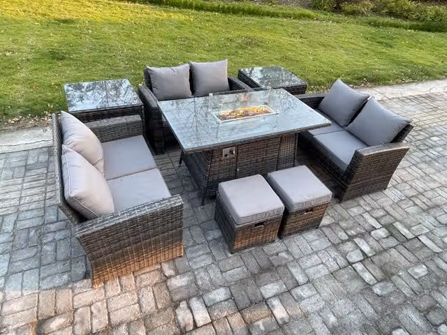 Fimous High Back Rattan Garden Furniture Set with Gas Firepit Dining Table and 2 Small Footstools in Dark Grey