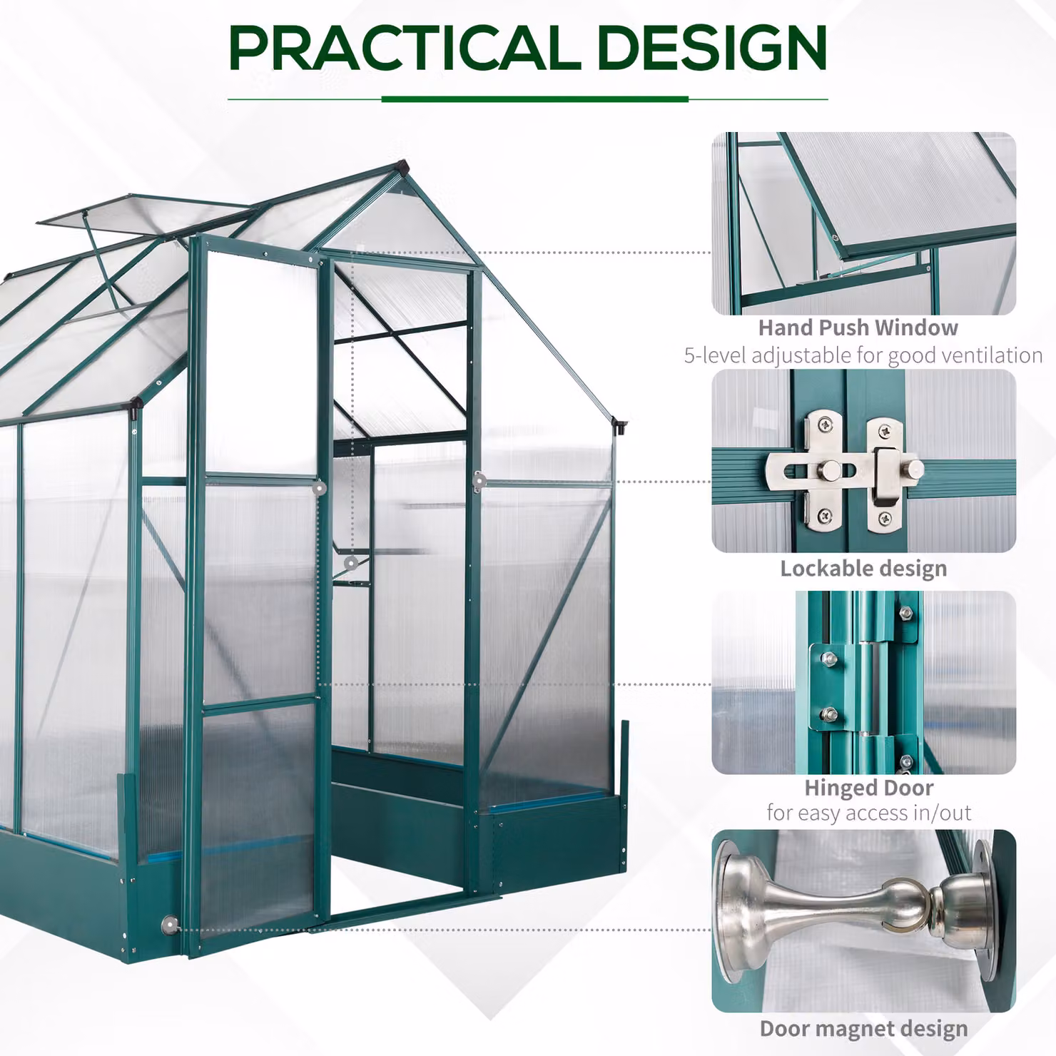 Outsunny Aluminium Garden Walk-in Greenhouse with Polycarbonate Panels, Raised Plant Bed, Hinged Window and Foundation, Green, W: 182.88 cm, D: 243.84 cm, H: 219 cm – 4