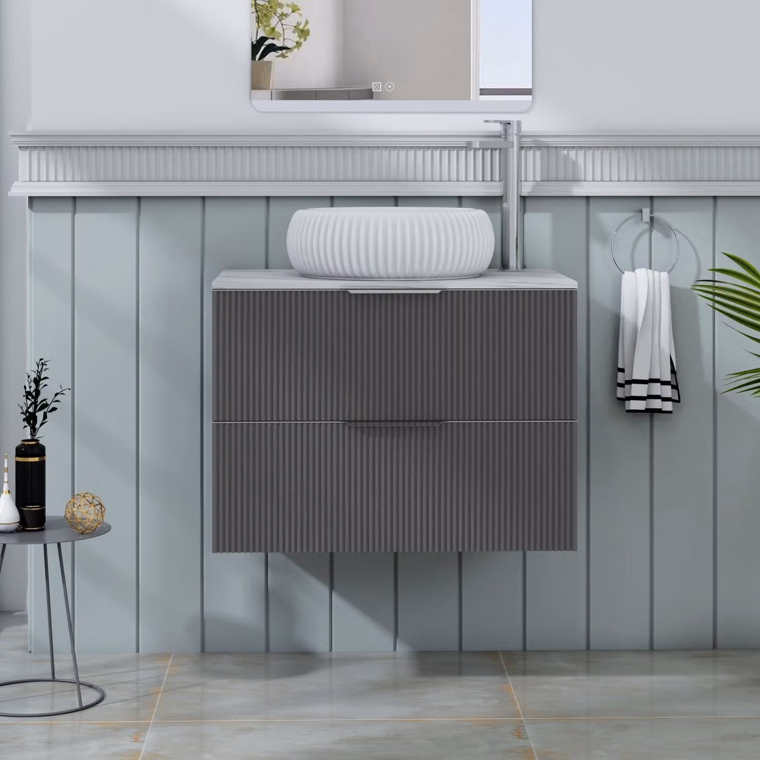 Royal Bathrooms Evora 700mm Graphite Grey Fluted Wall Hung 2 Drawer Vanity Unit with Milan Basin