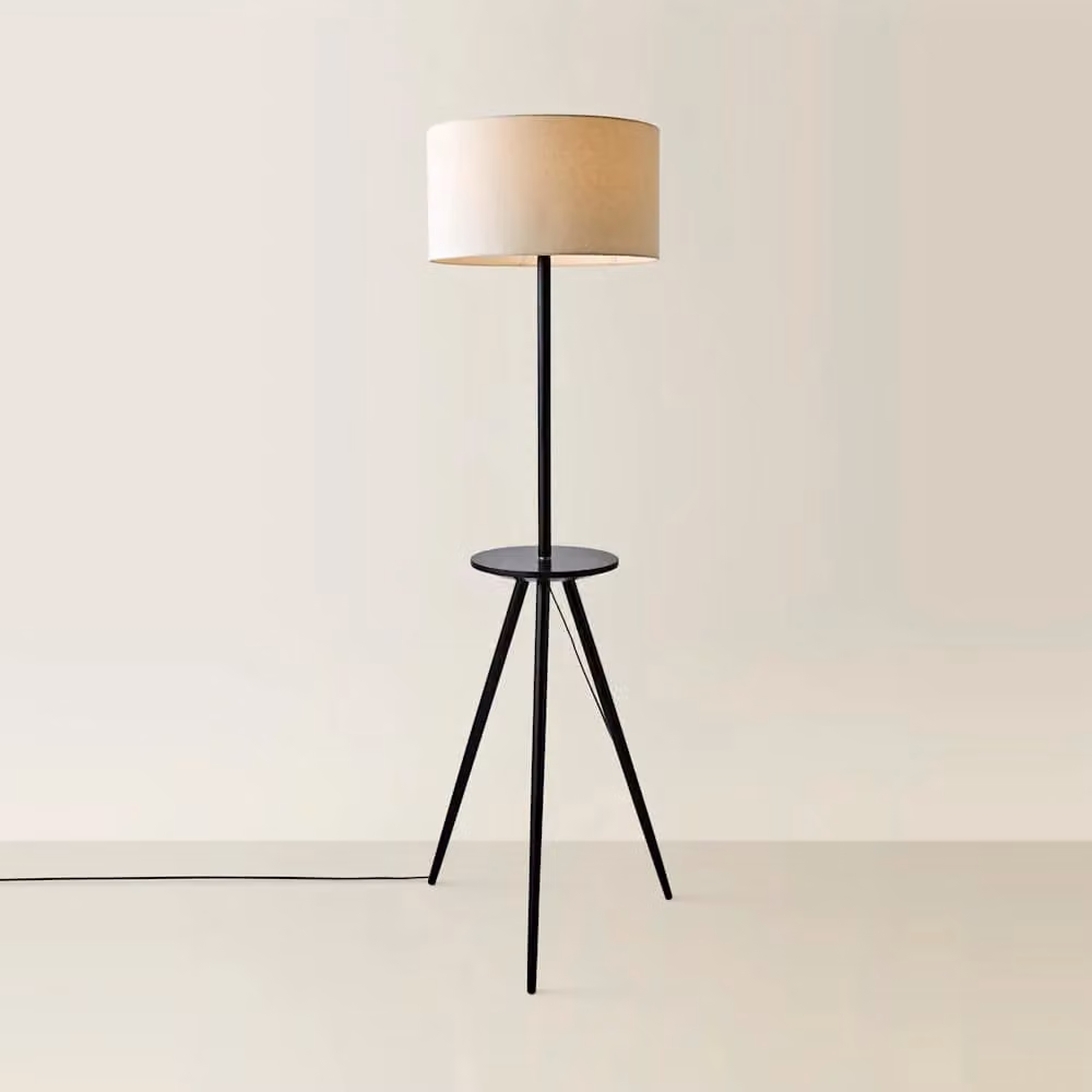 ValueLights Desmond Tripod Floor Lamp with Black Wood Base and Beige Linen Cylinder Shade – 2