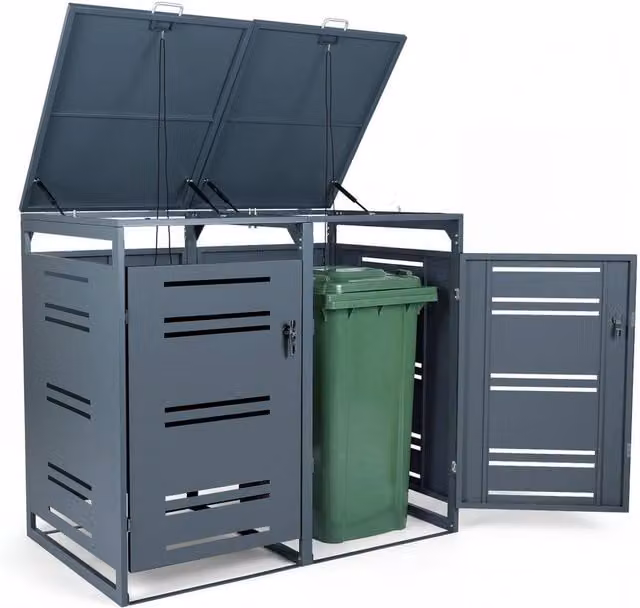 Costway Lockable Double Outdoor Garbage Bin Storage Shed in Grey, Galvanised Steel Bin Store, W/D/H: 132.0 x 80.0 x 117.0 cm – 1