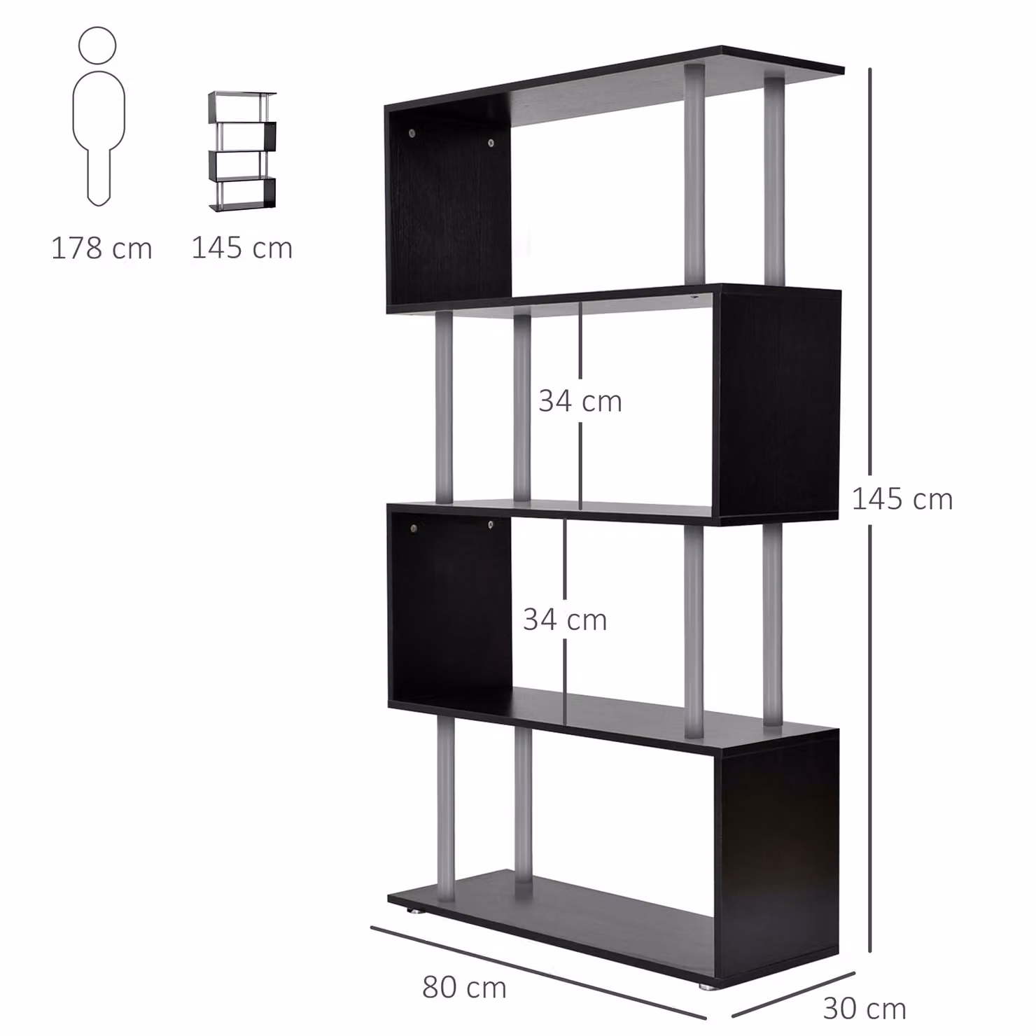HOMCOM S-Shaped Contemporary Wooden Bookcase and Storage Display Unit in Black – 2