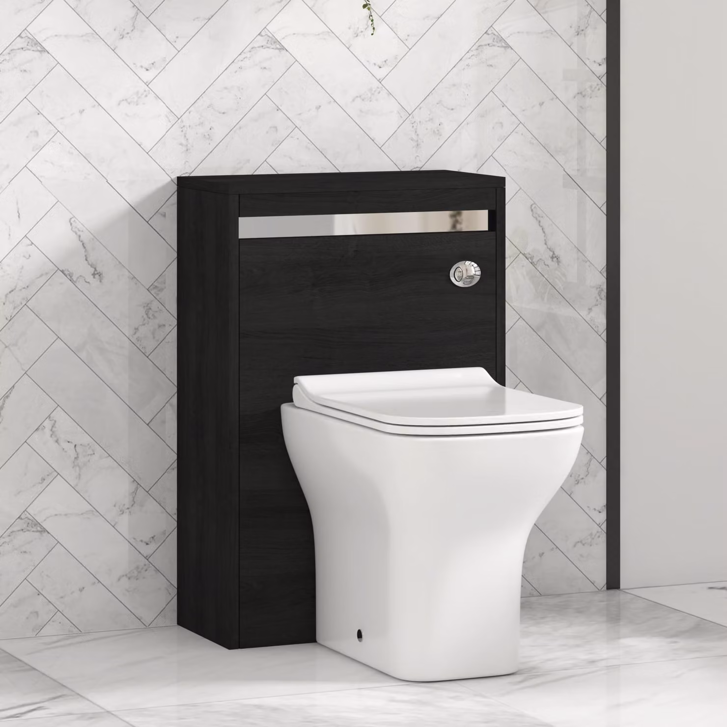 Royal Bathrooms Orion Hale Black BTW WC Unit with Qubix Rimless Toilet Pan, Slim Soft Close Seat and Cistern with Chrome Accent Trim, Width: 54 cm