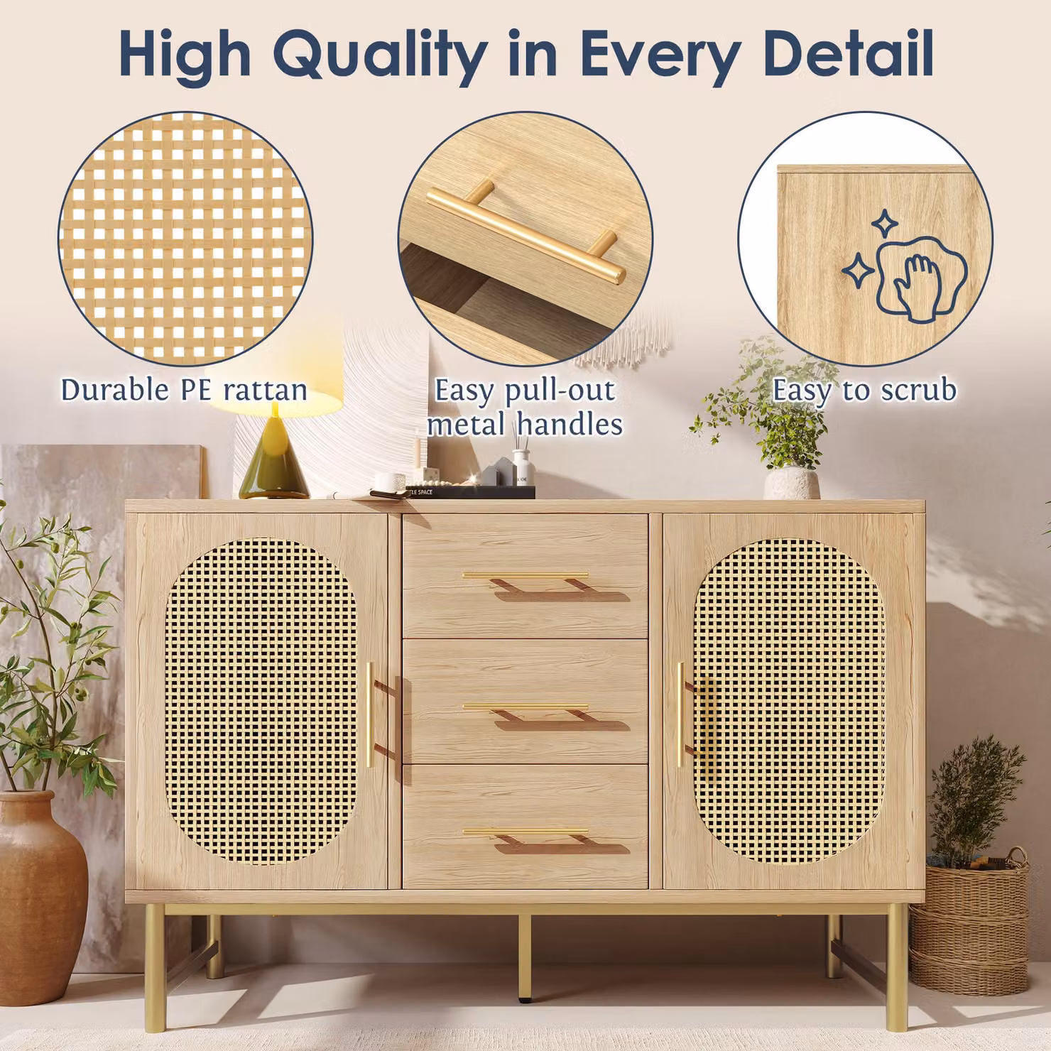 Aosom UK Contemporary Rattan Sideboard in Brown with Woven Rattan-Effect Front and Metal Handles, W: 120 cm, D: 40 cm, H: 74 cm – 4