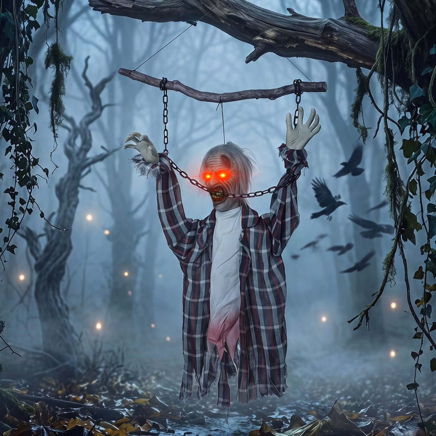 HOMCOM 110cm Animated Hanging Zombie Halloween Decoration with Sound Touch Activation and Glowing Red Eyes – 2
