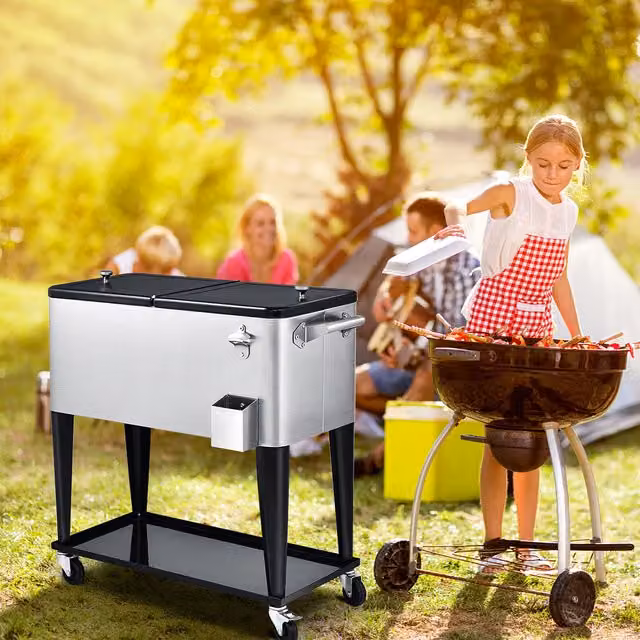 Costway 76L Rolling Cooler Cart Ice Chest in Silver
