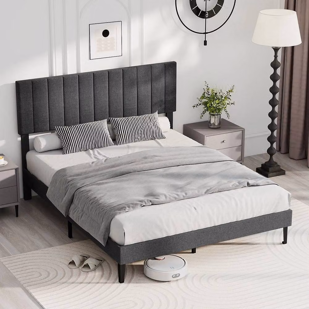 KORVIXA King Size Upholstered Linen Fabric Bed Frame in Grey, W/D/H: 180 x 200 cm – 3