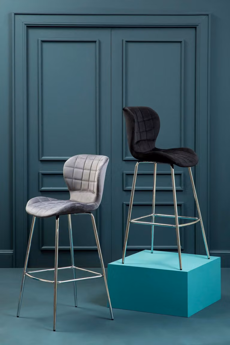 Orsina Grey Velvet Bar Chair with Silver Metal Legs