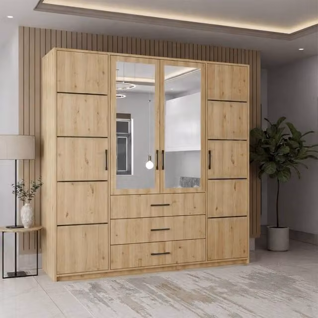 MN Furniture Modern Hinged Wardrobe with Mirror Doors and Internal Drawers in White and Grey, W/H: 200 x 200 cm