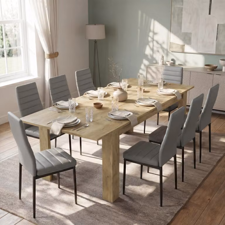 DHS Milo Extendable Dining Table and 8 Chairs Set in Grey and Oak Effect