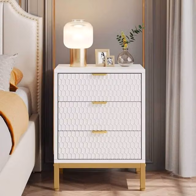 VOGREX Modern White and Gold Geometric Nightstand with 3 Drawers for your Bedroom – 1