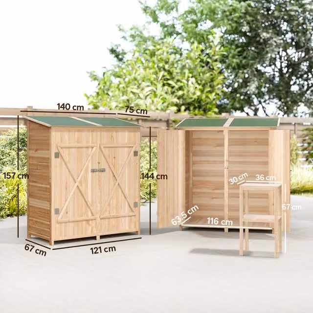 Outsunny Rustic Brown Wood Garden Storage Shed with Pent Roof and Flexible Table, W/D/H: 121.0 x 67.0 x 157.0 cm