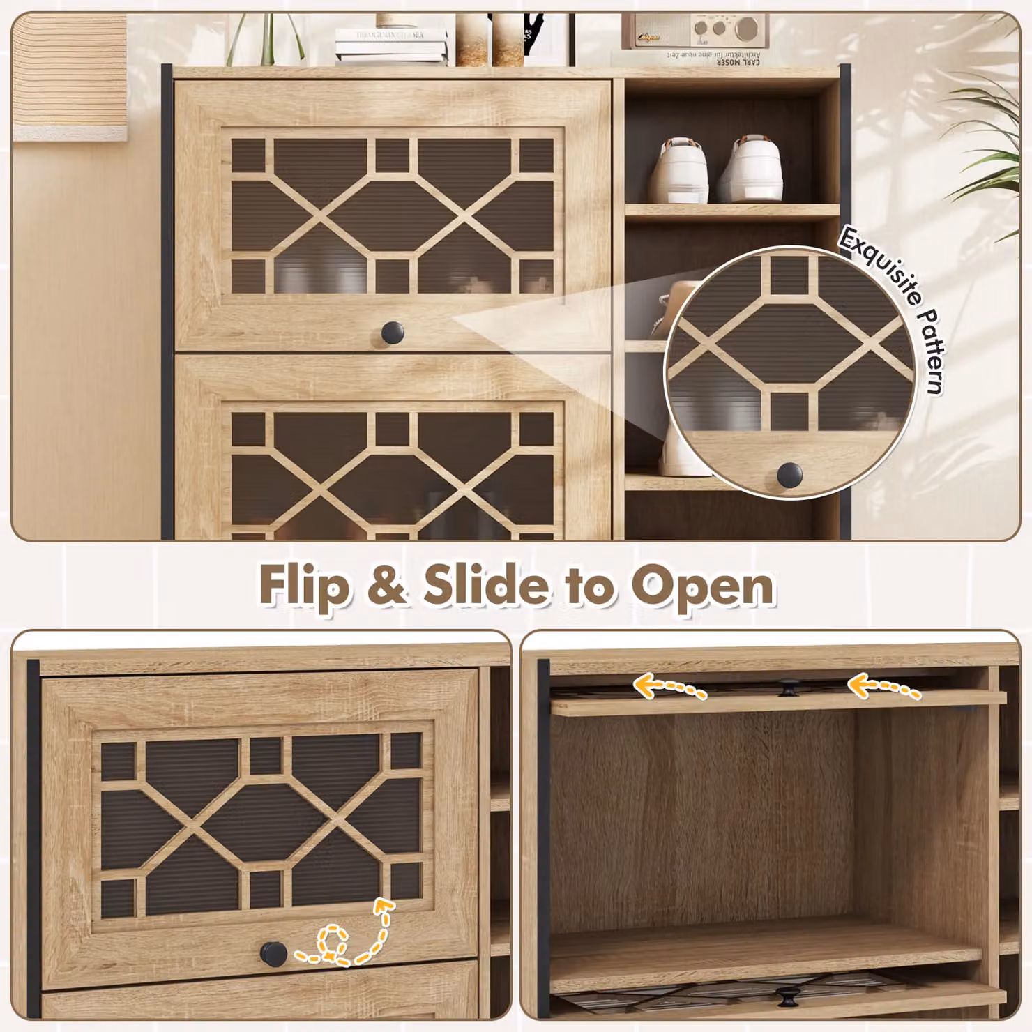 Costway Freestanding Shoe Storage Cabinet with Tilting Flip Doors in Light Oak – 4