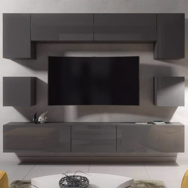 Creative Furniture Modern Wall Mounted TV Unit in Grey with Glossy Hinged Doors W/D/H: 242 x 207 x 35 cm – 1