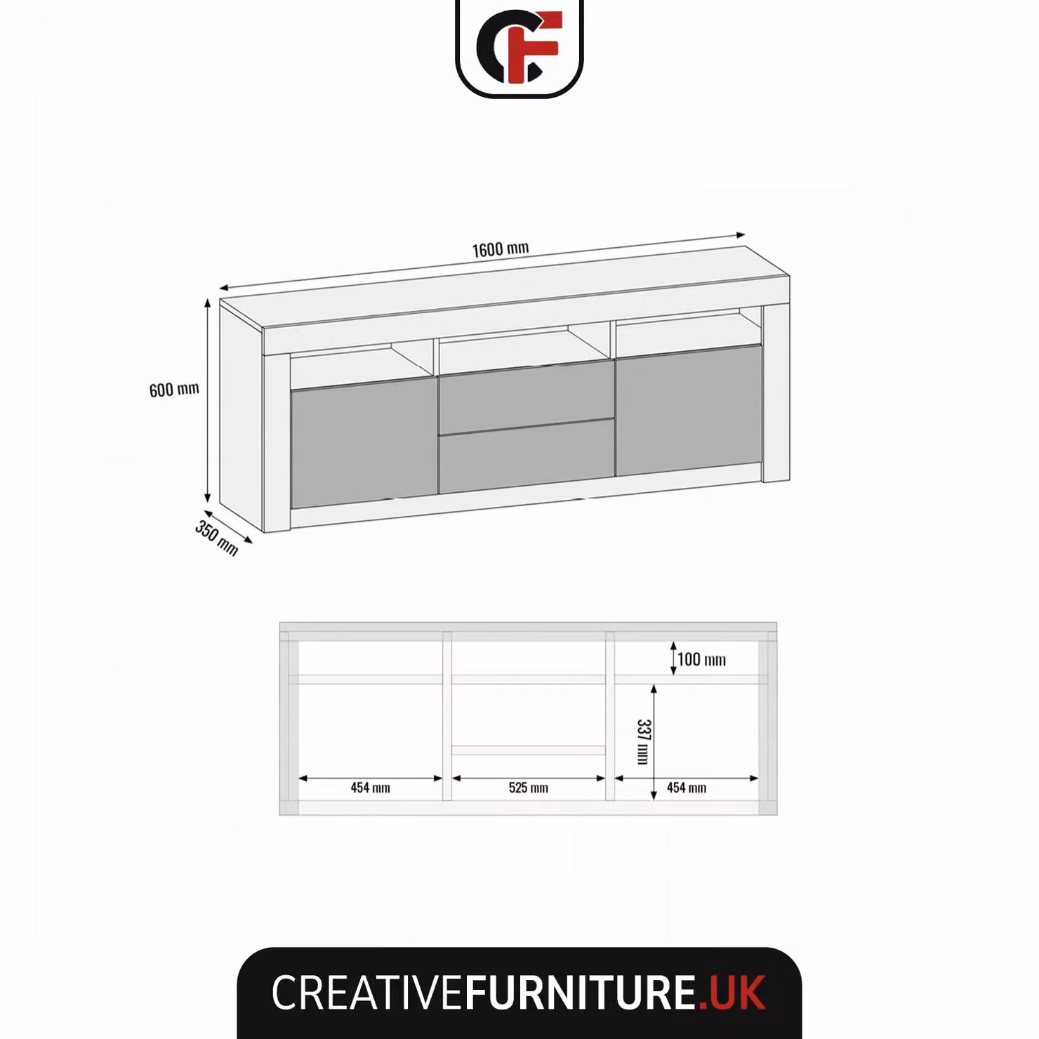 Creative Furniture Shine Modern Glossy TV Unit in Grey, W: 160 cm, D: 35 cm, H: 60 cm – 2