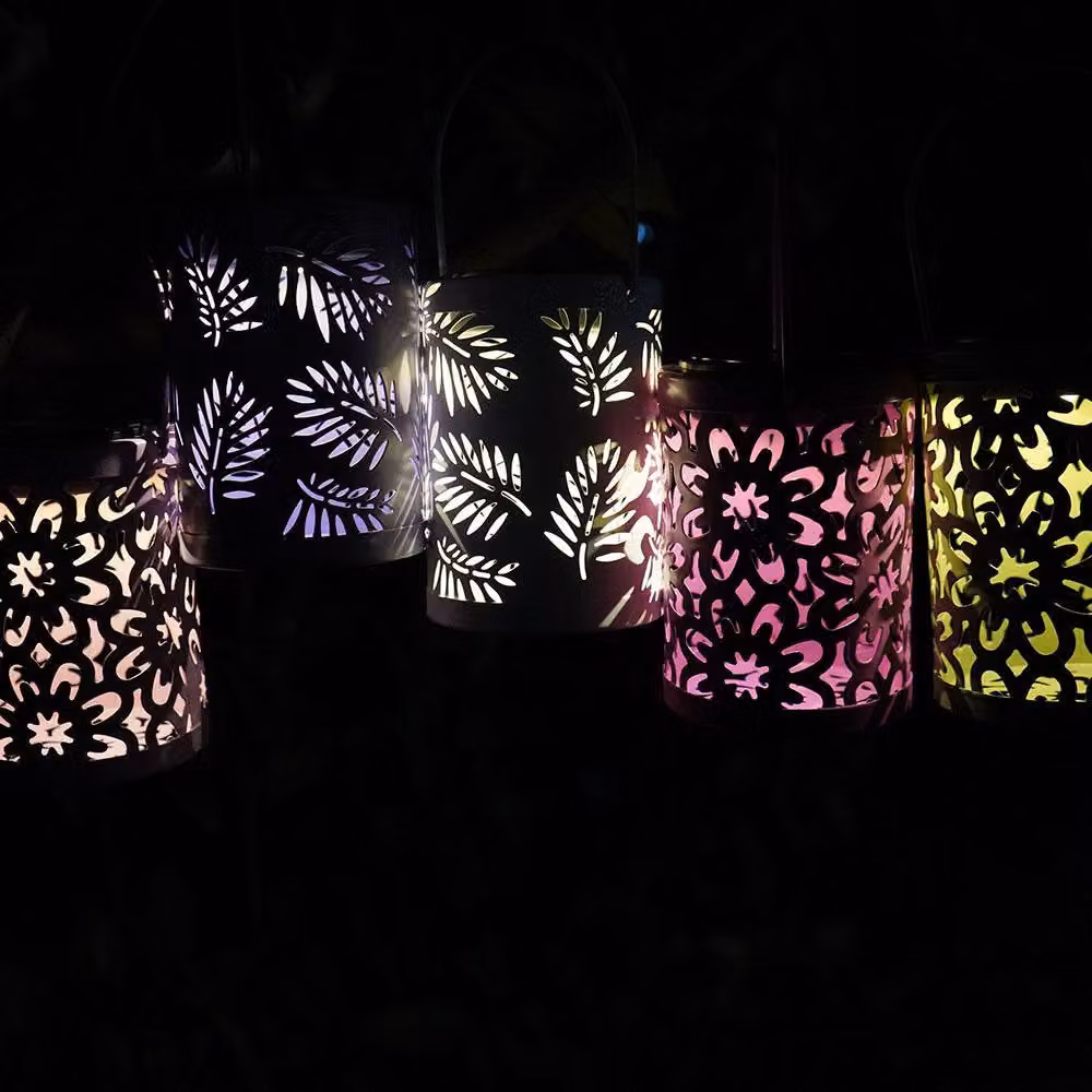 Voltico Set of 5 Solar Ornate Metal Cutout Lanterns in Multi-Coloured Glow – 3