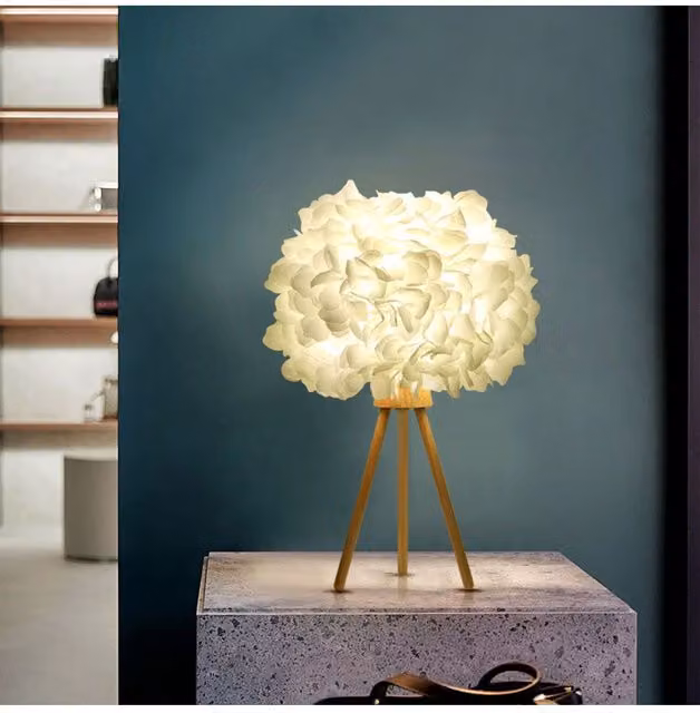 H&O Direct White Fabric Lampshade Table Lamp with Wooden Tripod Base and E27 Fitting