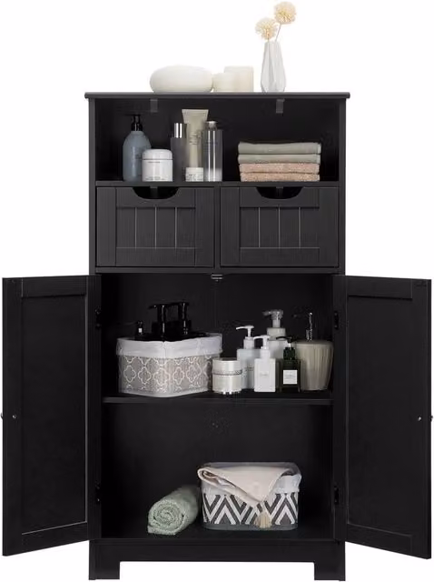 VOGREX Black Modern Freestanding Bathroom Cabinet with 2 Hinged Doors, 2 Internal Drawers and Open Shelf – 1