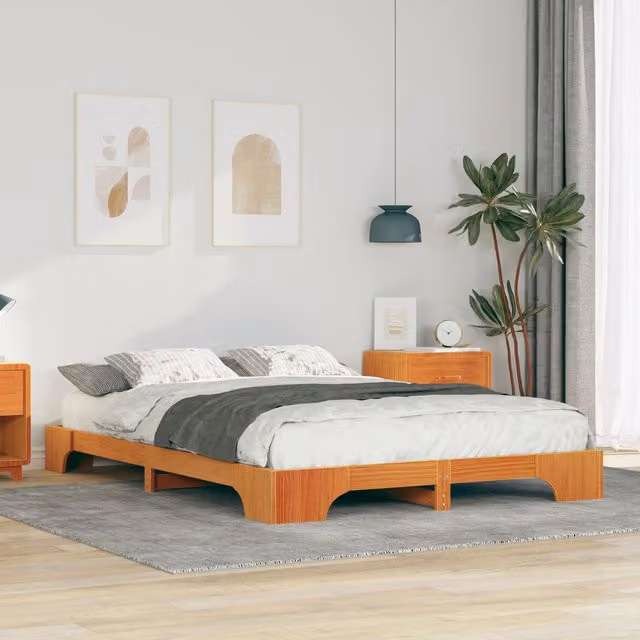 Berkfield Home Floor Bed Frame with Storage in Brown, Solid Pine Wood, W/D/H: 140 x 220 x 20 cm
