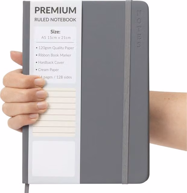 Evelay Ltd A5 Hardback Lined Notebook in Grey with Elastic Closure