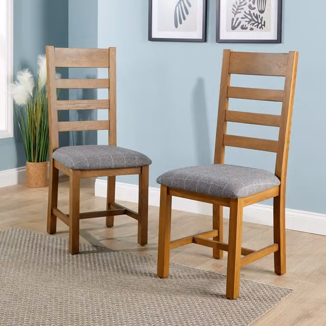Home Source Holcombe Pair of Smoked Oak Dining Chairs with Grey Checked Fabric Seats and Slatted Back